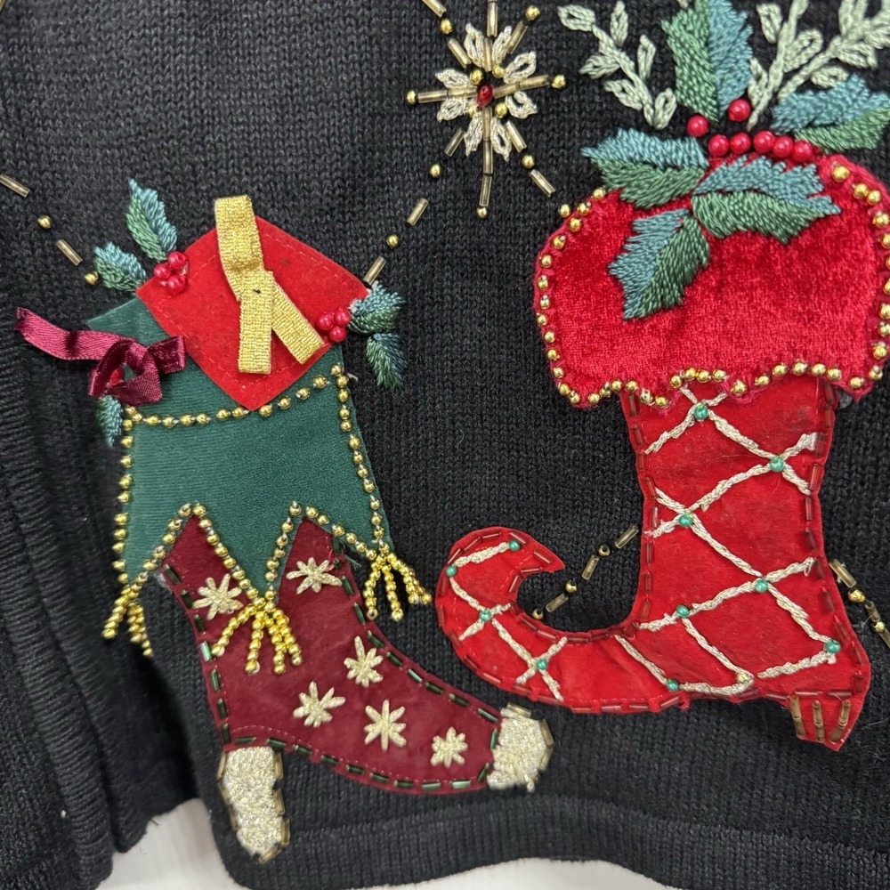 Vtg‎ Heirloom Collectibles Grandmacore Christmas Sweater Beaded Stockings Small - Picture 4 of 5